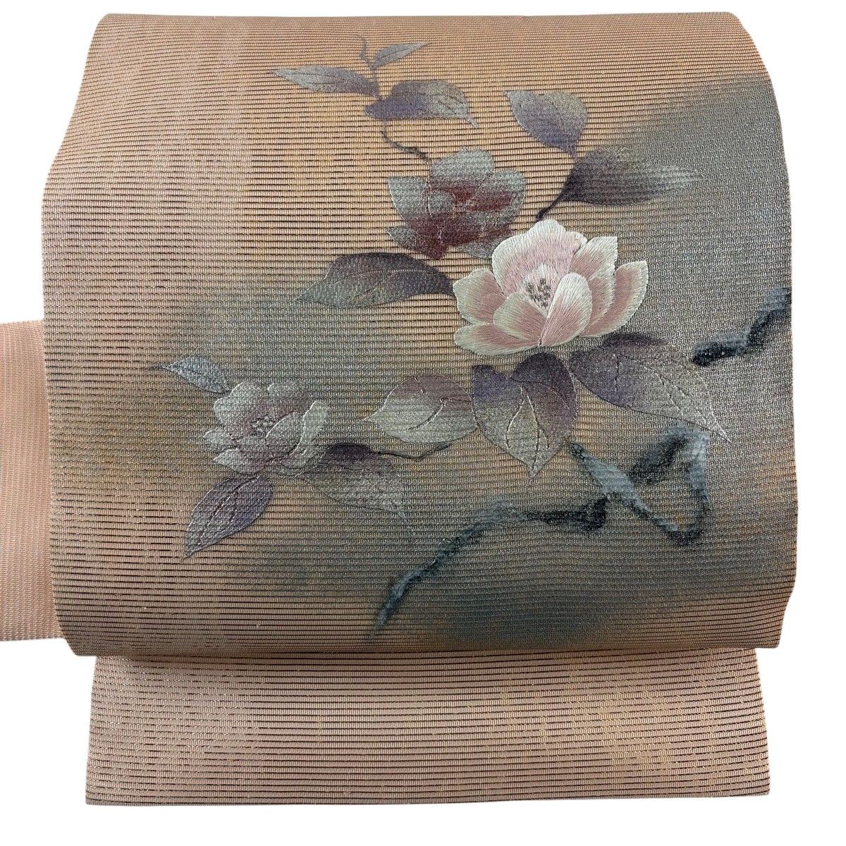 名古屋帯 秀品 夏帯 絽 草花 刺繍 金銀彩 薄オレンジ 正絹 【中古】