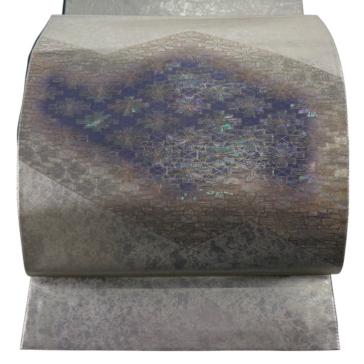 【美品】 袋帯 秀品 幾何学 箔 銀色 お太鼓柄 正絹 【中古】