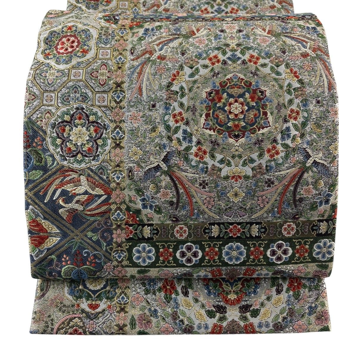 【美品】 袋帯 秀品 華文 花鳥 金糸 箔 銀色 六通 正絹 【中古】