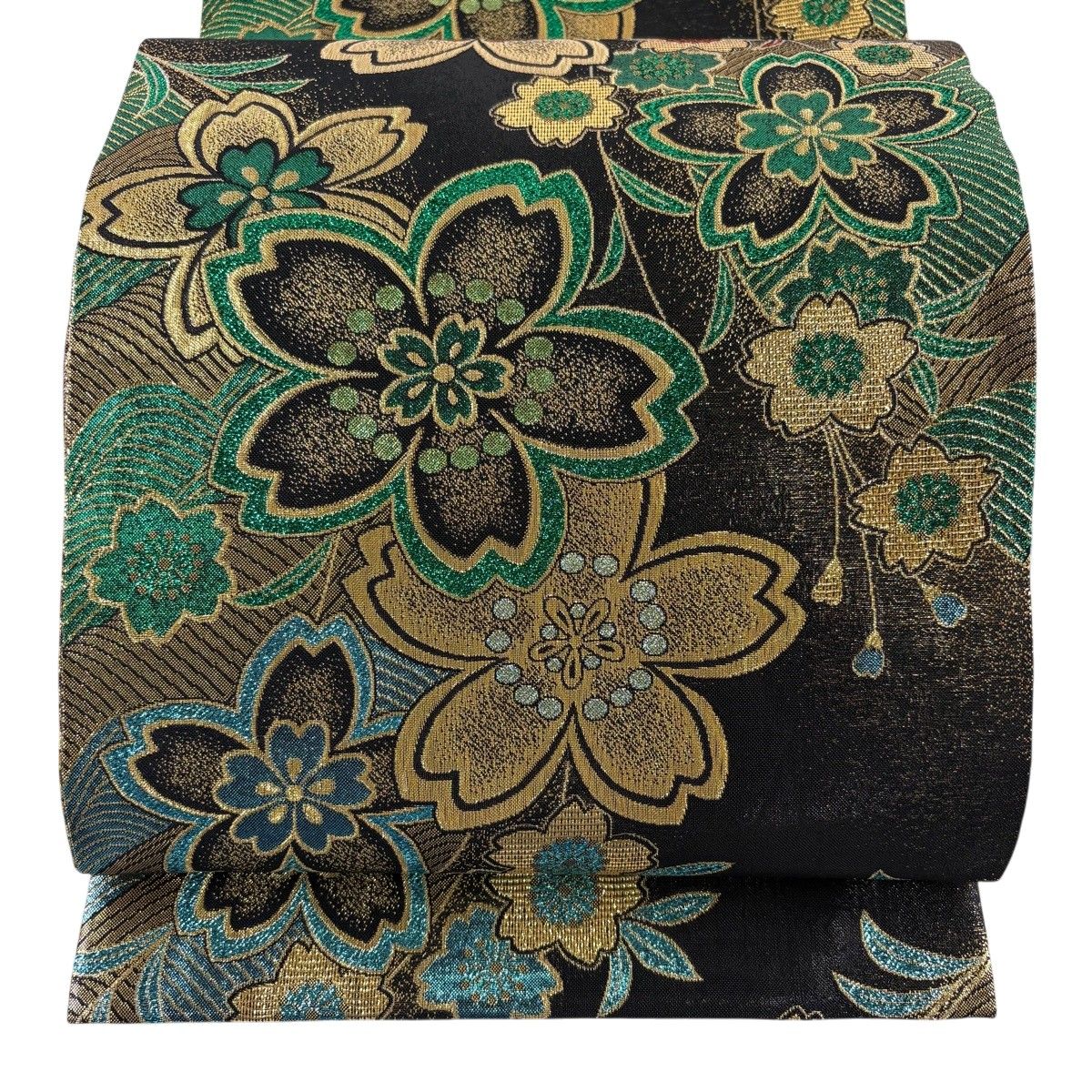 【美品】 袋帯 秀品 粋聖 振袖向き 桜 金糸 箔 黒 六通 正絹 【中古】