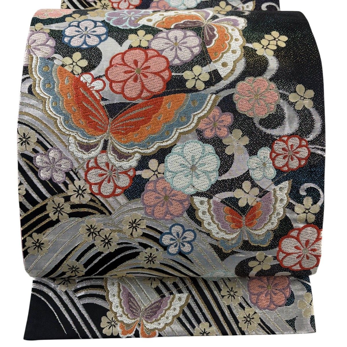 【美品】 袋帯 秀品 振袖向き 桜 蝶 金銀糸 唐織 黒 六通 正絹 【中古】