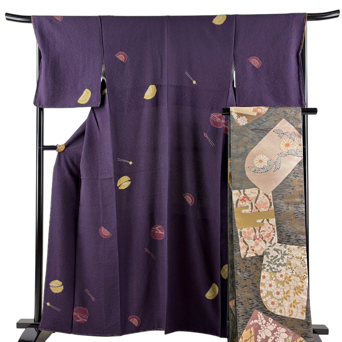 【美品】小紋 身丈160.5cm 裄丈67.5cm L 袷 袋帯セット ぽっくり 簪 金銀彩 絞り 紫 正絹 名品 【中古】