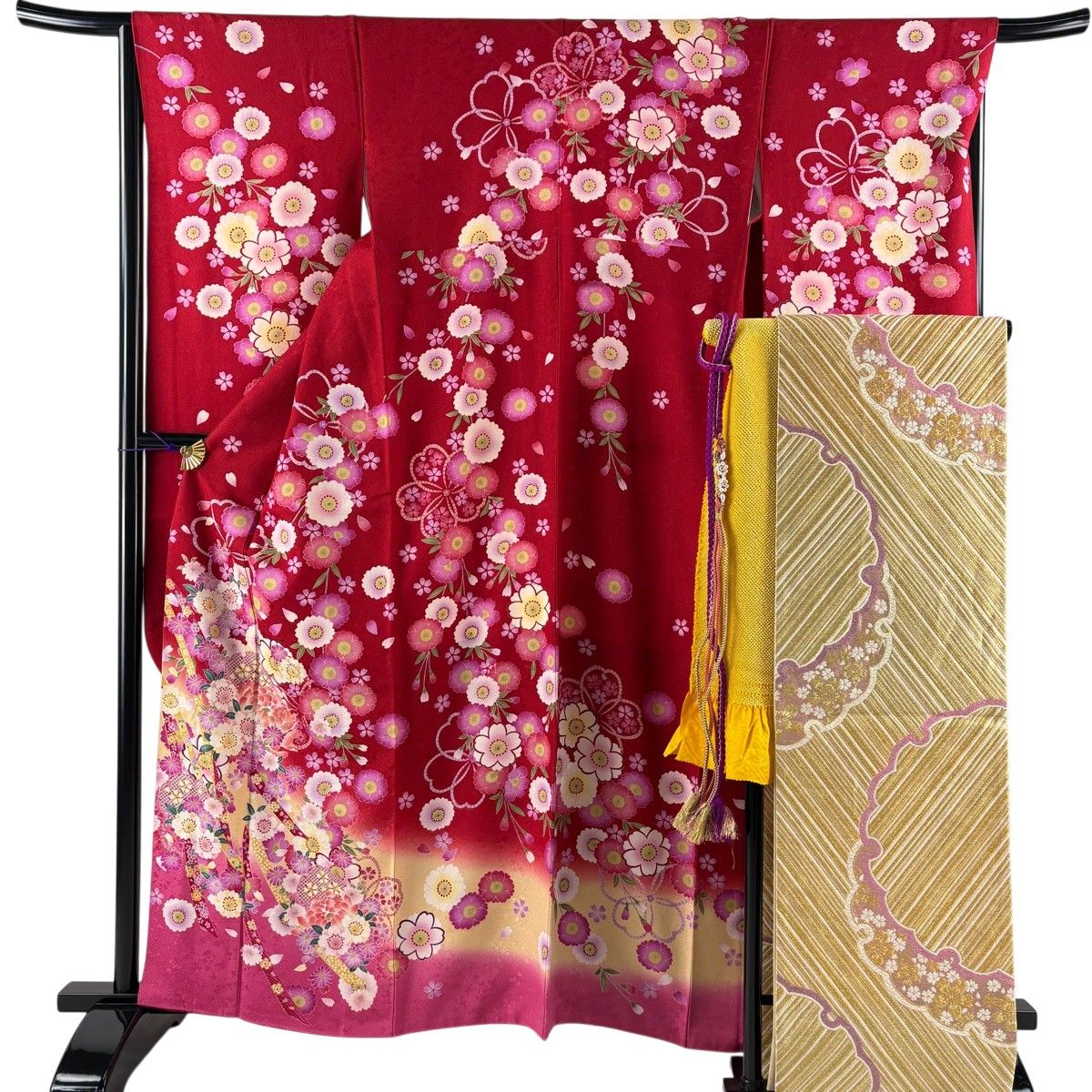 【美品】 振袖 身丈162cm 裄丈66cm M 袷 袋帯フルセット 雪輪 桜 銀通し 箔 赤 正絹 名品 【中古】