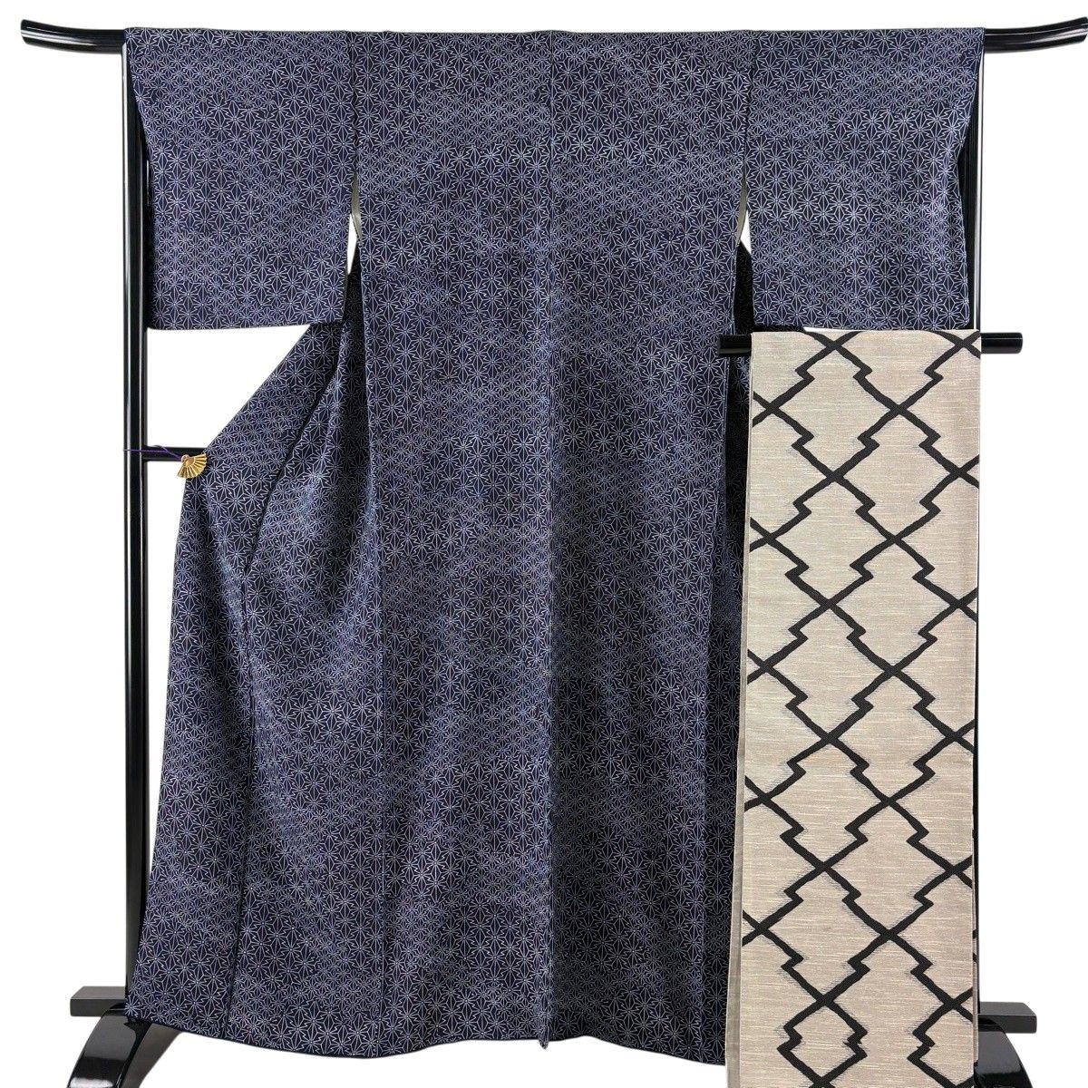 【美品】 小紋 身丈161cm 裄丈66.5cm M 袷 袋帯セット 麻の葉 藍色 正絹 秀品 【中古】