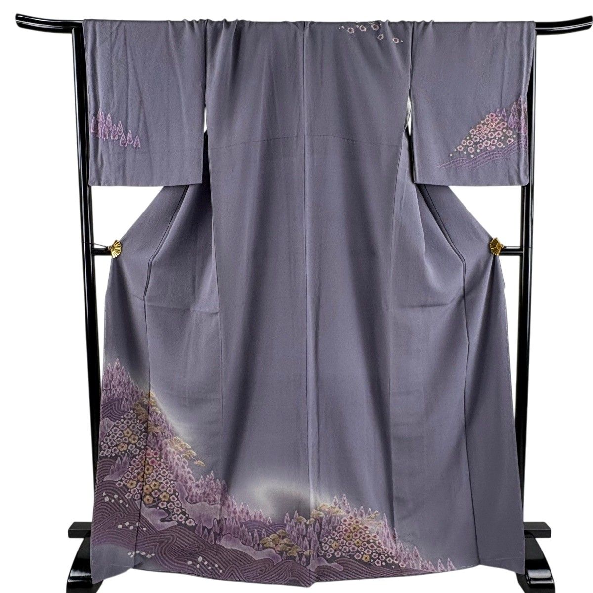 【美品】 訪問着 身丈169cm 裄丈69.5cm L 袷 松 梅 金彩 絞り 紫 正絹 名品 【中古】