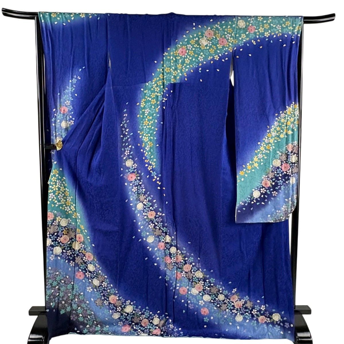 振袖 身丈171cm 裄丈65cm M 袷 桜 金通し 金彩 青 正絹 名品 【中古】