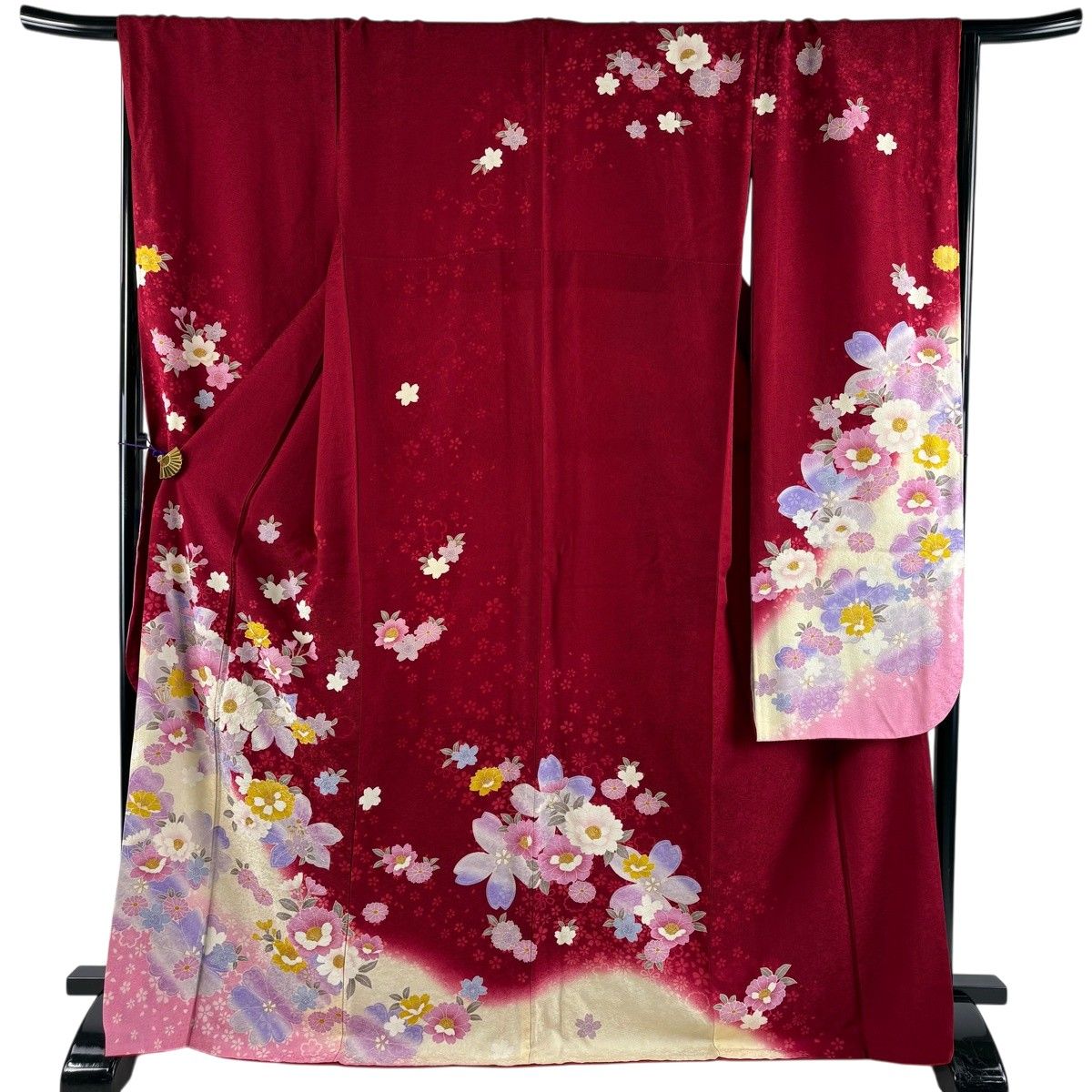 振袖 身丈169.5cm 裄丈68.5cm L 袷 桜 草花 金彩 染め分け 赤 正絹 名品 【中古】