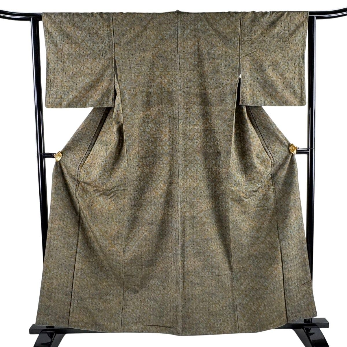 小紋 身丈158cm 裄丈63cm S 袷 紬地 幾何学 絞り 茶緑色 正絹 名品 【中古】