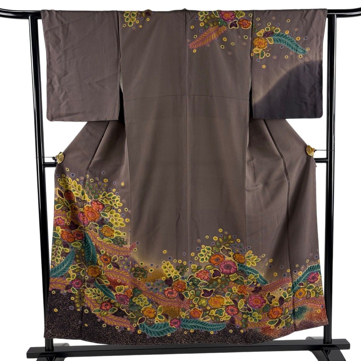 訪問着 身丈154cm 裄丈62.5cm S 袷 辻が花柄 染め分け ぼかし 茶紫 正絹 名品 【中古】