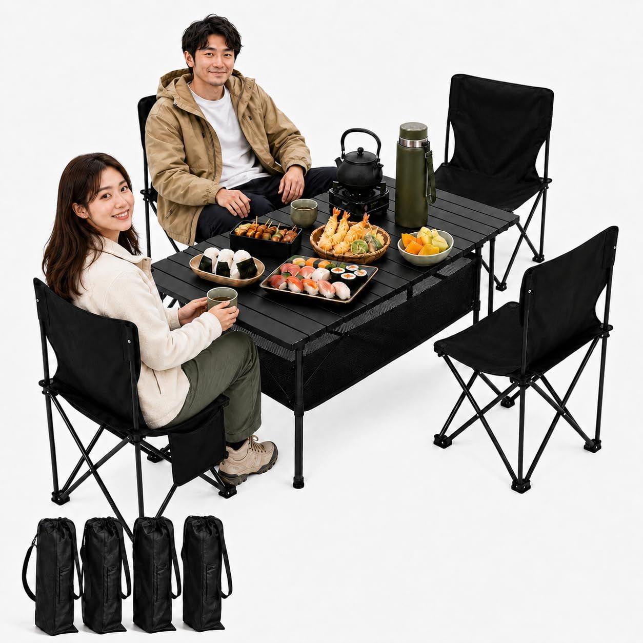 キャンプ用 折りたたみテーブル＆イス 幅95×奥行57×高さ50cm 収納バッグ付き 簡単組立て アウトドアテーブルセット 花火大会・ピクニック・BBQ・お花見・お祭りに 野外レジャー ガーデニング テント用（ブラック 5点セット）