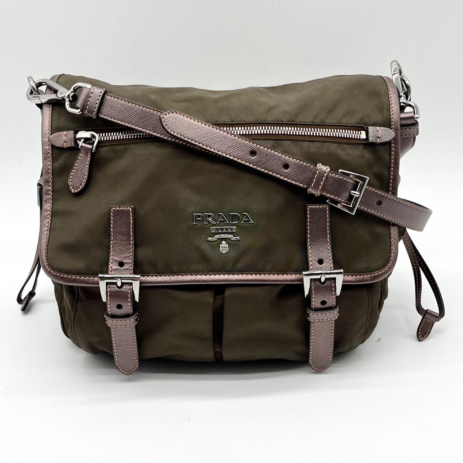 良品◎PRADA プラダ メタルロゴ ナイロン×サフィアーノレザー ショルダーバッグ カーキ