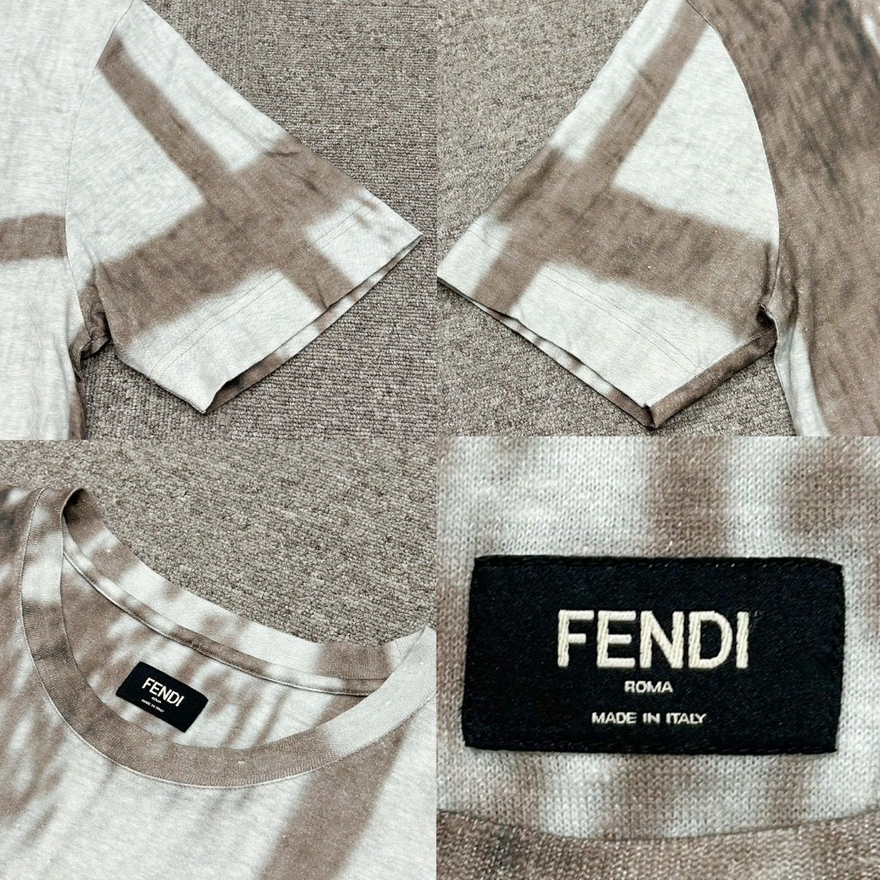 FENDI フェンディ Tシャツ ロゴ エンボス ブラウン XL 麻 グレー