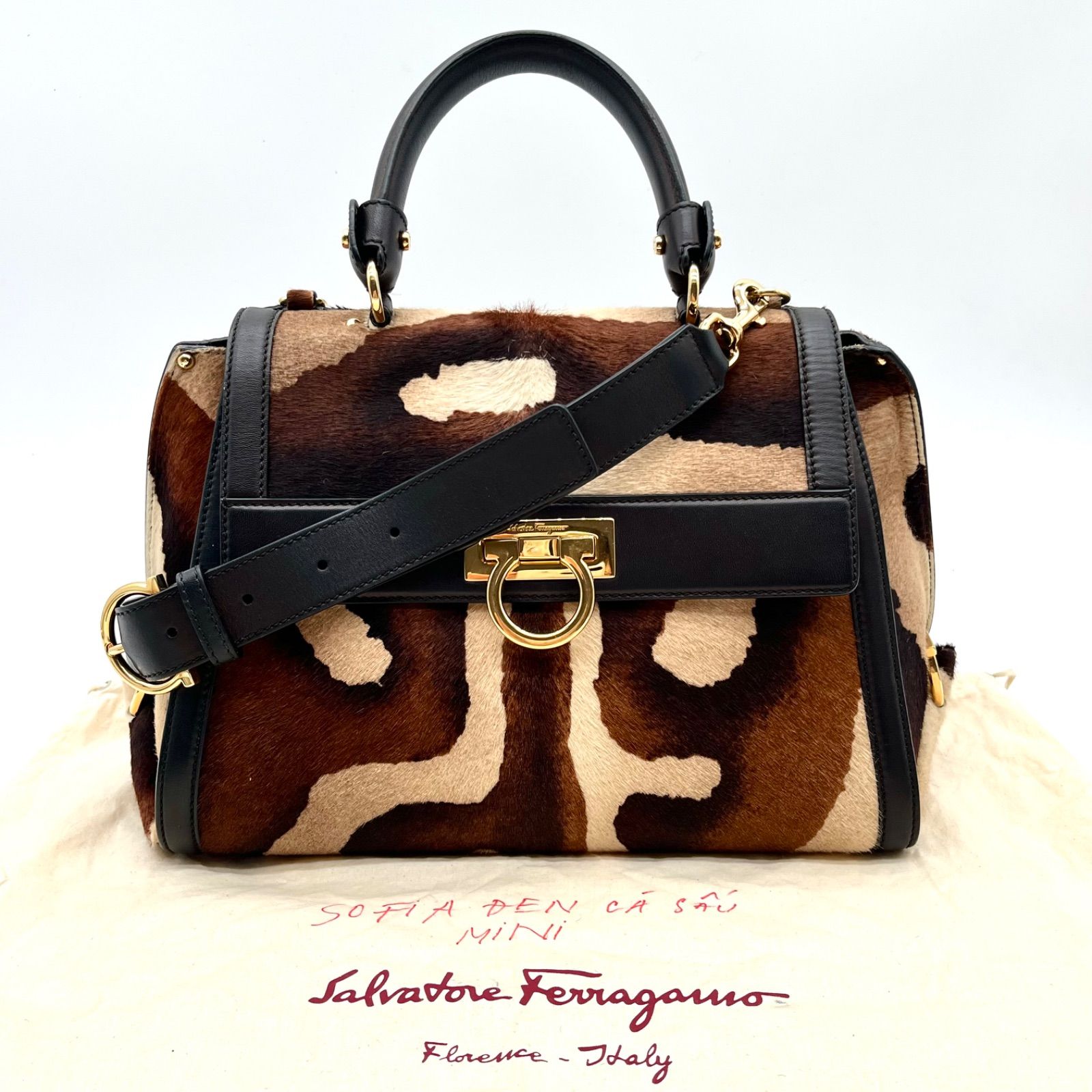 Auth Salvatore Ferragamo Sofia Gancini Pony Hair 2Way Handbag Shoulder Bag