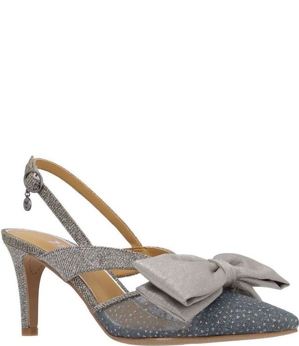 ジェイレニー レディース シューズ ヒール メッシュ J Renee Morigen Glitter Dotted Mesh Bow Slingback Pumps Pewter ピューター