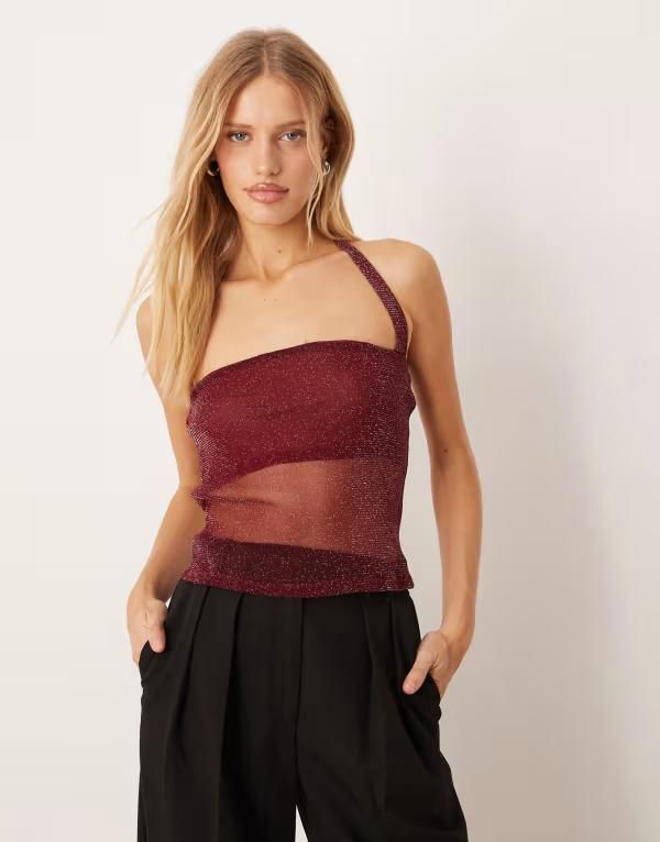 エイソス レディース トップス タンクトップ メッシュ ホルター ASOS DESIGN glitter mesh halter top Burgundy バーガンディ