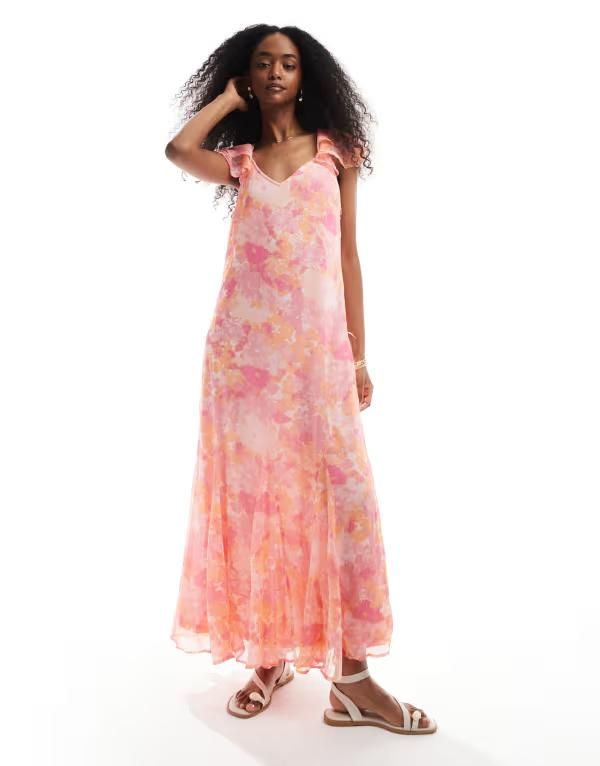 ヴェロモーダ レディース トップス ワンピース フラワー柄 プリント アンクル フラワー Vero Moda Smilla flutter sleeve ankle length dress blur