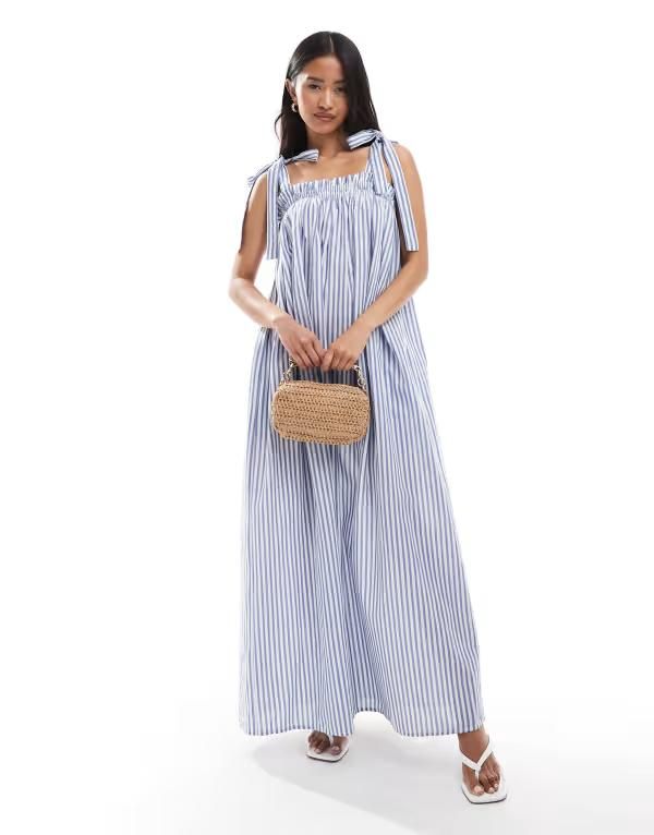 ミスセルフフリッジ レディース トップス ワンピース マキシ Miss Selfridge strappy poplin maxi smock dress stripe Blue Stripe ブルー