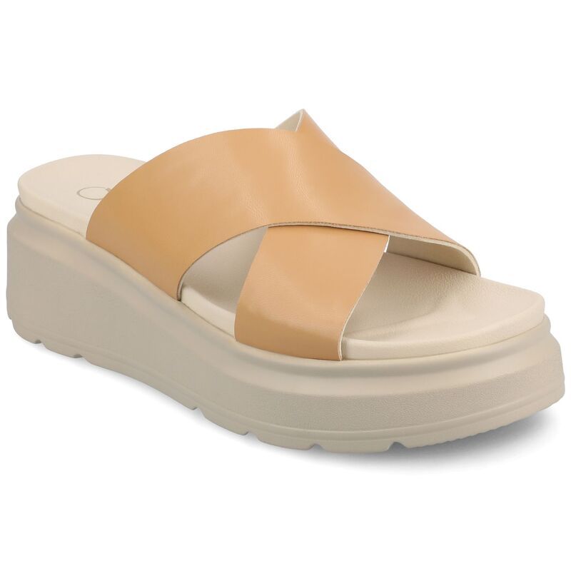 ジャーニー レディース シューズ サンダル Journee Cathie Crisscross WomenslipOn Wedge Sandals Tan タン