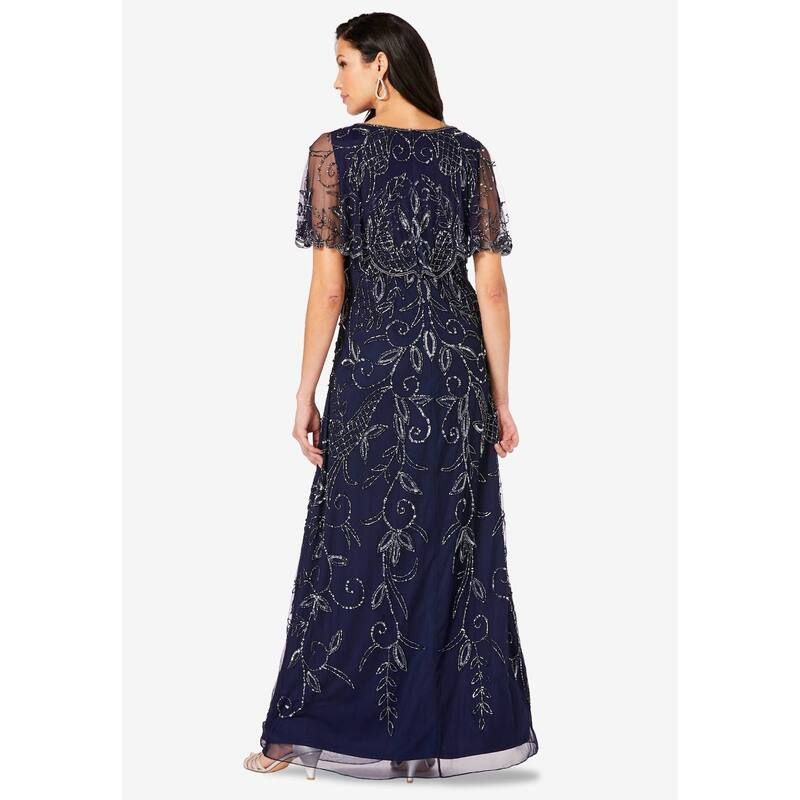 ロアマンズ レディース トップス ワンピース ケープデザイン プラスサイズ キャップ ケープ Roamans Womens Plusize Beaded Cape Gownavy ネイビー