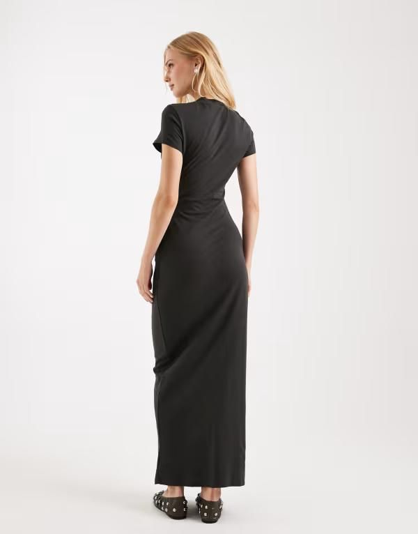 エイソス レディース トップス ワンピース ミディ ASOS DESIGN short sleeve midi dress with twist detail in charcoal チャコール