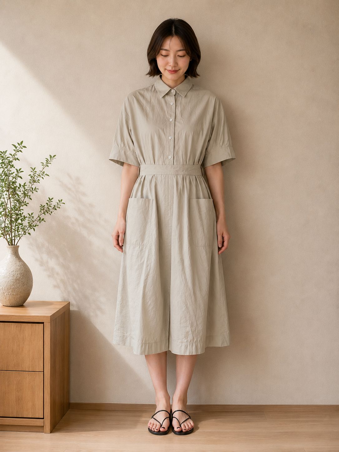 theory luxe セオリーリュクス シャツワンピース 38 ベージュ コットン100% 日本製 半袖 ベルト付 膝丈 フォロー10%OFF 7,463円