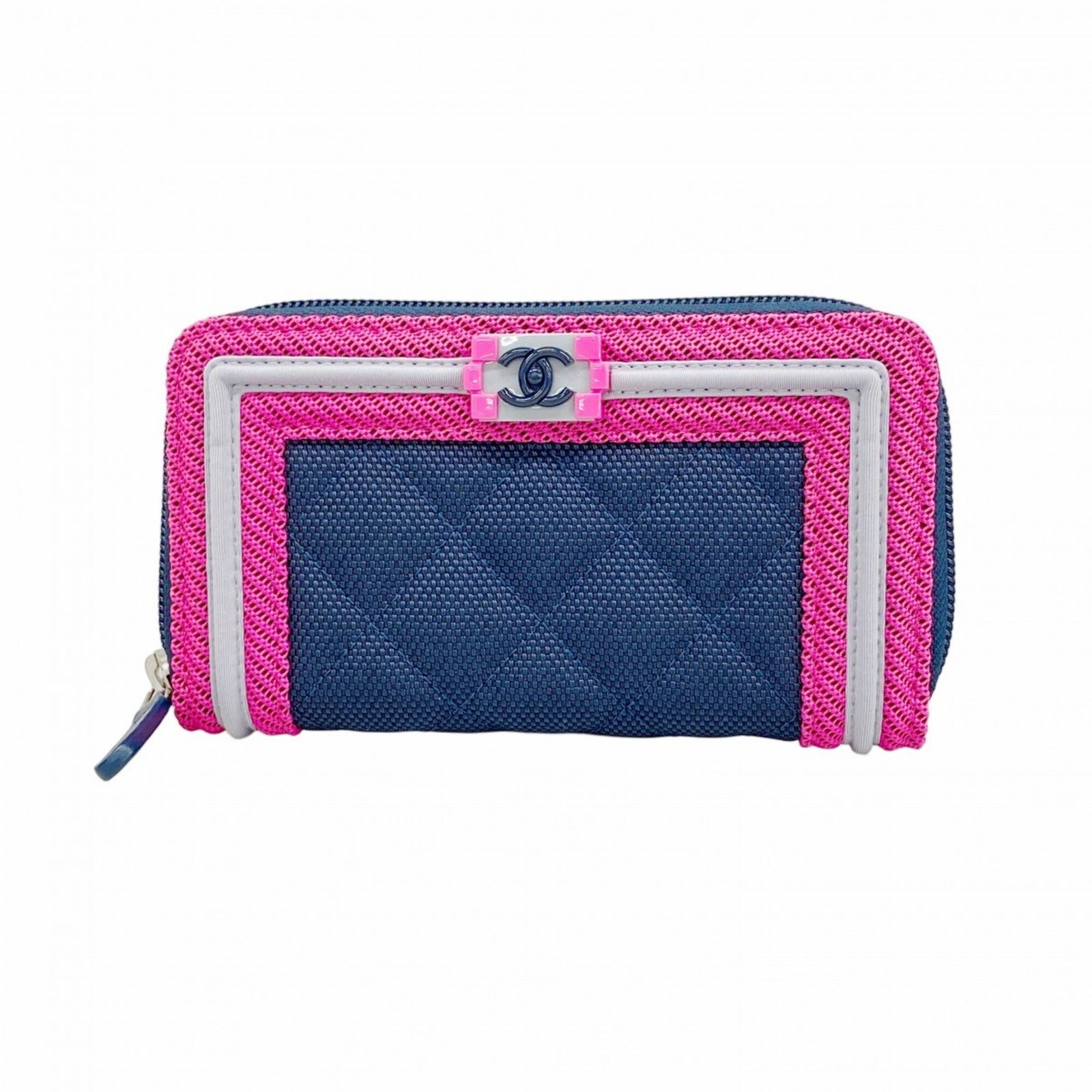 シャネル(Chanel) シャネル 財布 ボーイシャネル ファブリック ネイビー ピンク レディース