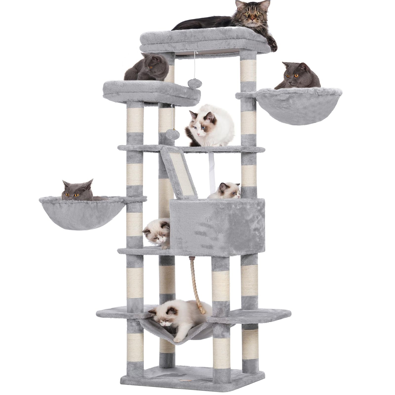 Heybly キャットタワー 大きな猫や多頭飼い 超スリム 据え置き型 省スペース 登りやすい ハンモック2つ 大きな見晴らし台 天然麻紐 爪研ぎ棒 高さ173cm ライトグレー HCT025W