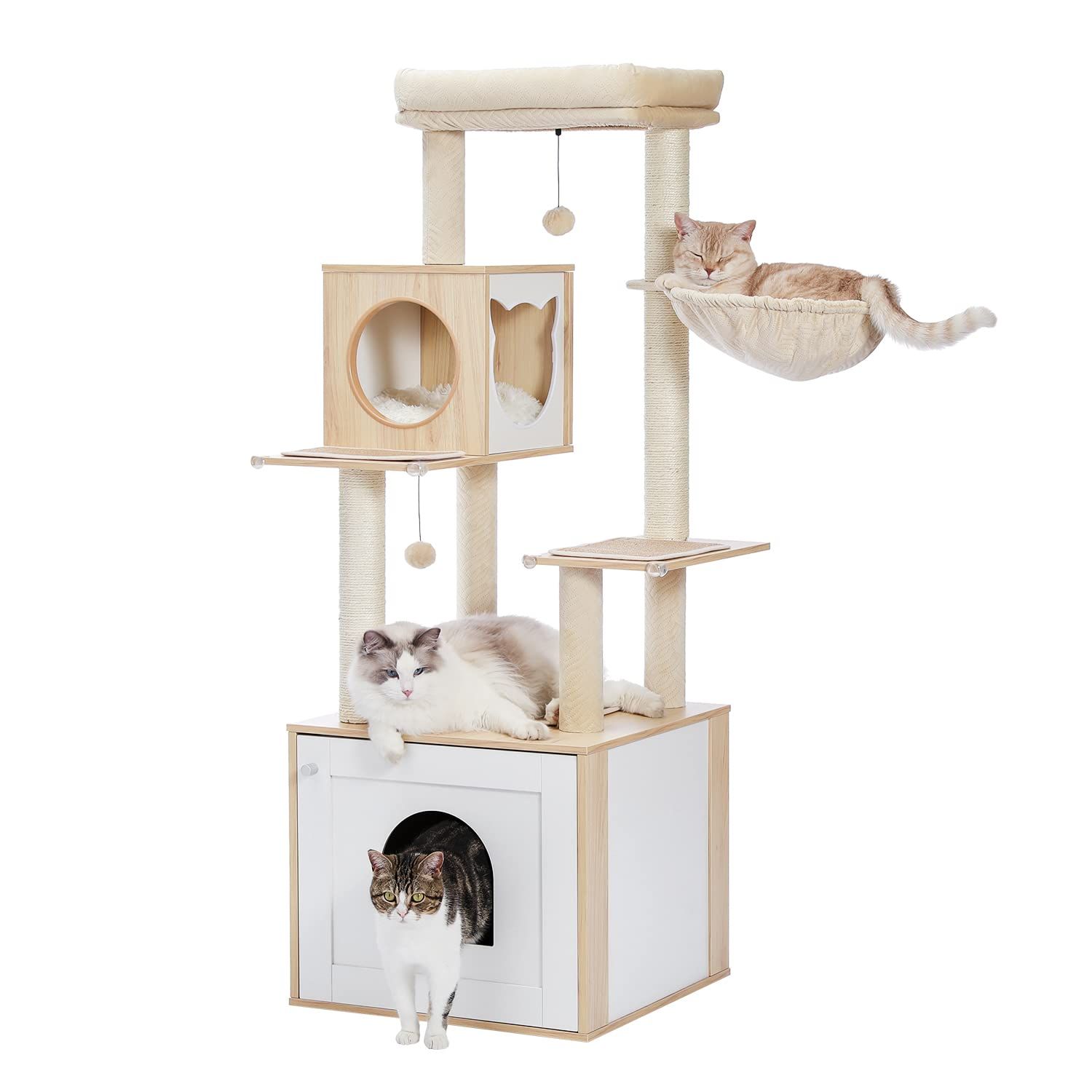 PETEPELA(ぺテぺラ) キャットタワー トイレ目隠し 木製 収納 多用家具 インテリア 猫タワー 多頭 安全対策 滑り止めマット付き 猫ハウス ベッド - 高さ150cm ベージュ