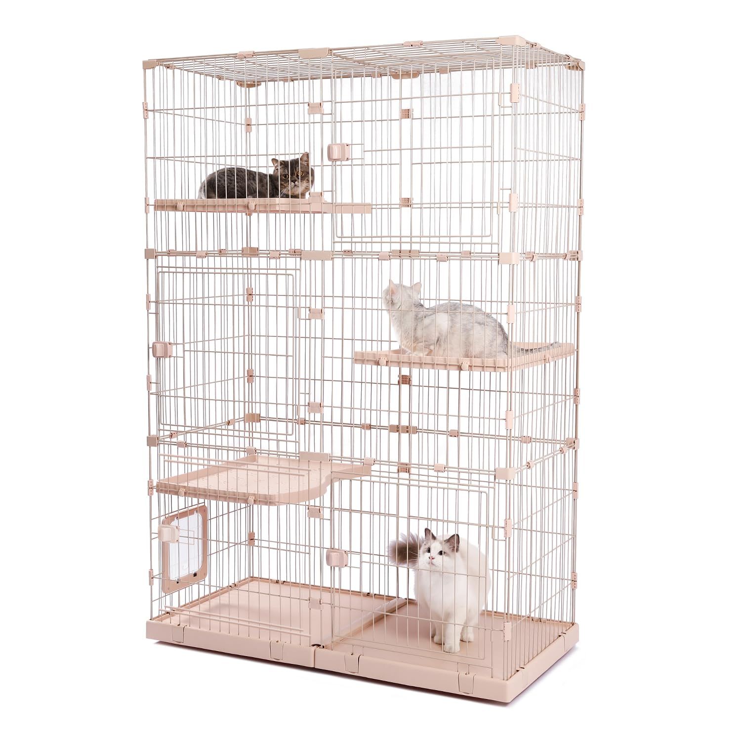PETEPELA(ぺテぺラ) 猫 ケージ 大型 3段 広い 2段 多頭飼い キャットケージ 猫用エンクロージャ キャスター/ローラー 大きい/でかい 増やせる/拡張 ワイド ケージセット メインクーン ラグドール 組み立て簡単 足場 室内飼い - L ベージュ