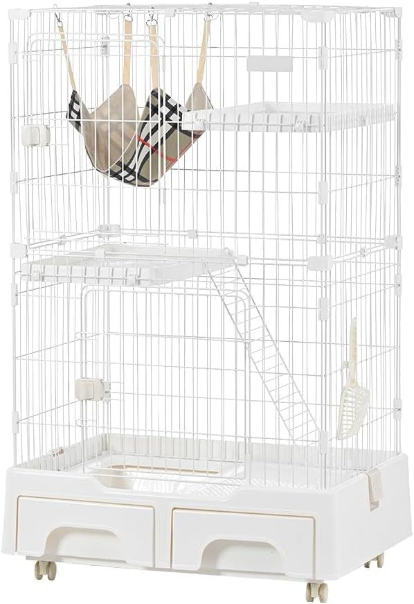 【一体型】 OSJ 猫 ケージ キャットケージ 2段 猫トイレ付き キャスター付き ハンモック 梯子付き 引き出し 収納 猫ゲージ 多頭飼い 大型 脱走防止 おしゃれ ホワイト