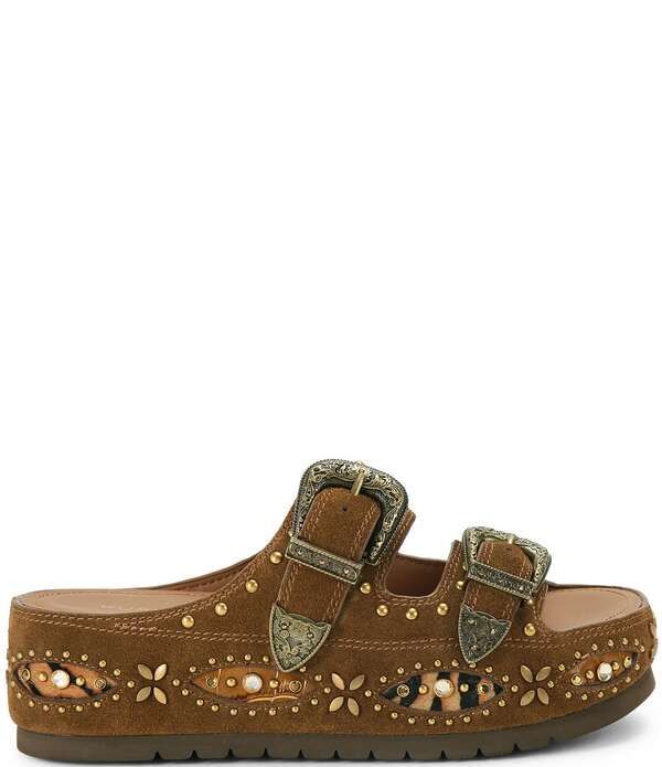 カートジェイガーロンドン レディース シューズ サンダル スエード Kurt Geiger London Western Buckle Stud Slide Suede Flatform Sandal