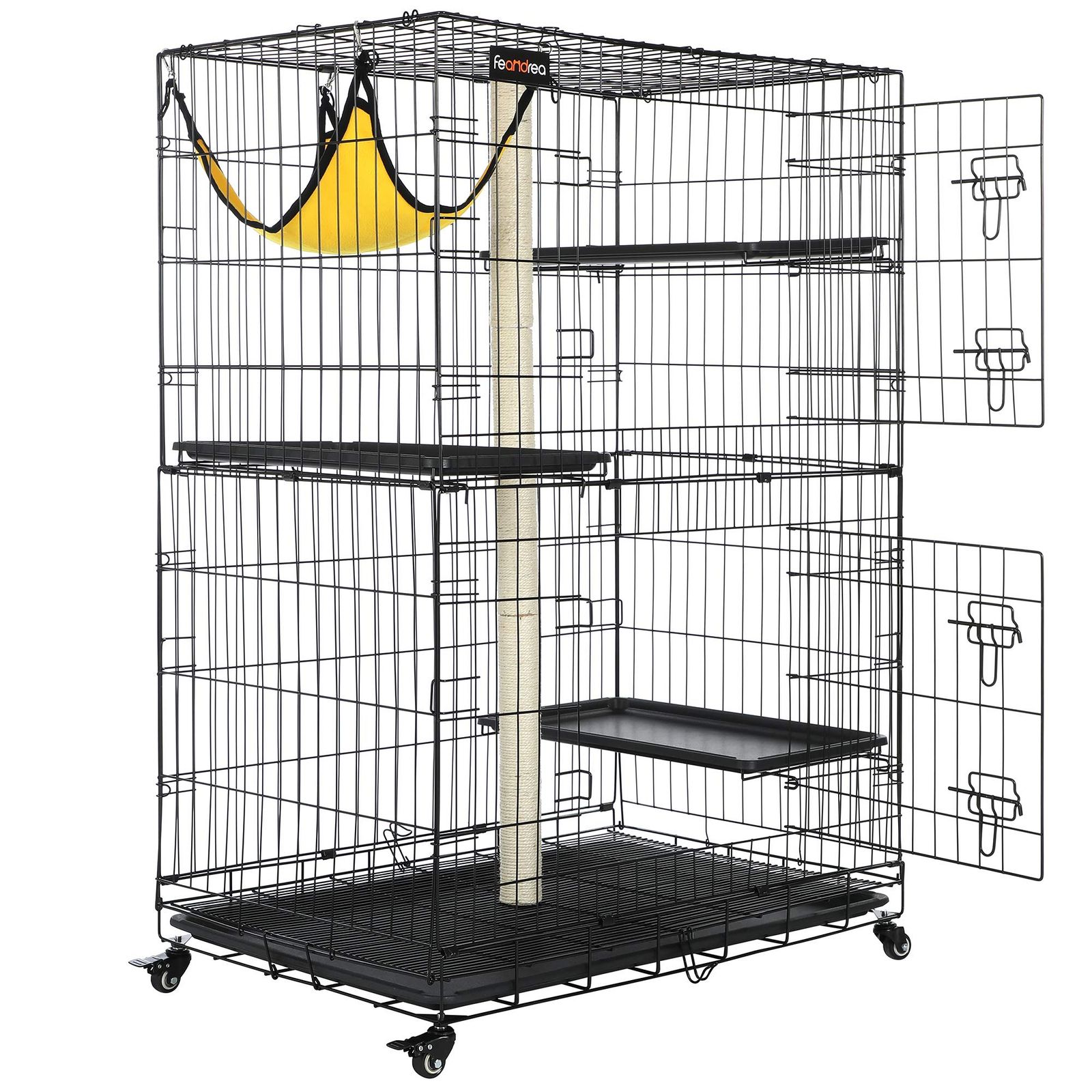 FEANDREA 猫用ケージ 大型 128×91×57cm 3階層 全段爪研ぎポール付き 脱走防止 多頭飼い ケージ 組立簡単 折り畳み式 移動便利 シンプル 猫のゲージ ゆらゆらハンモック（おまけ付き）PCC001B01
