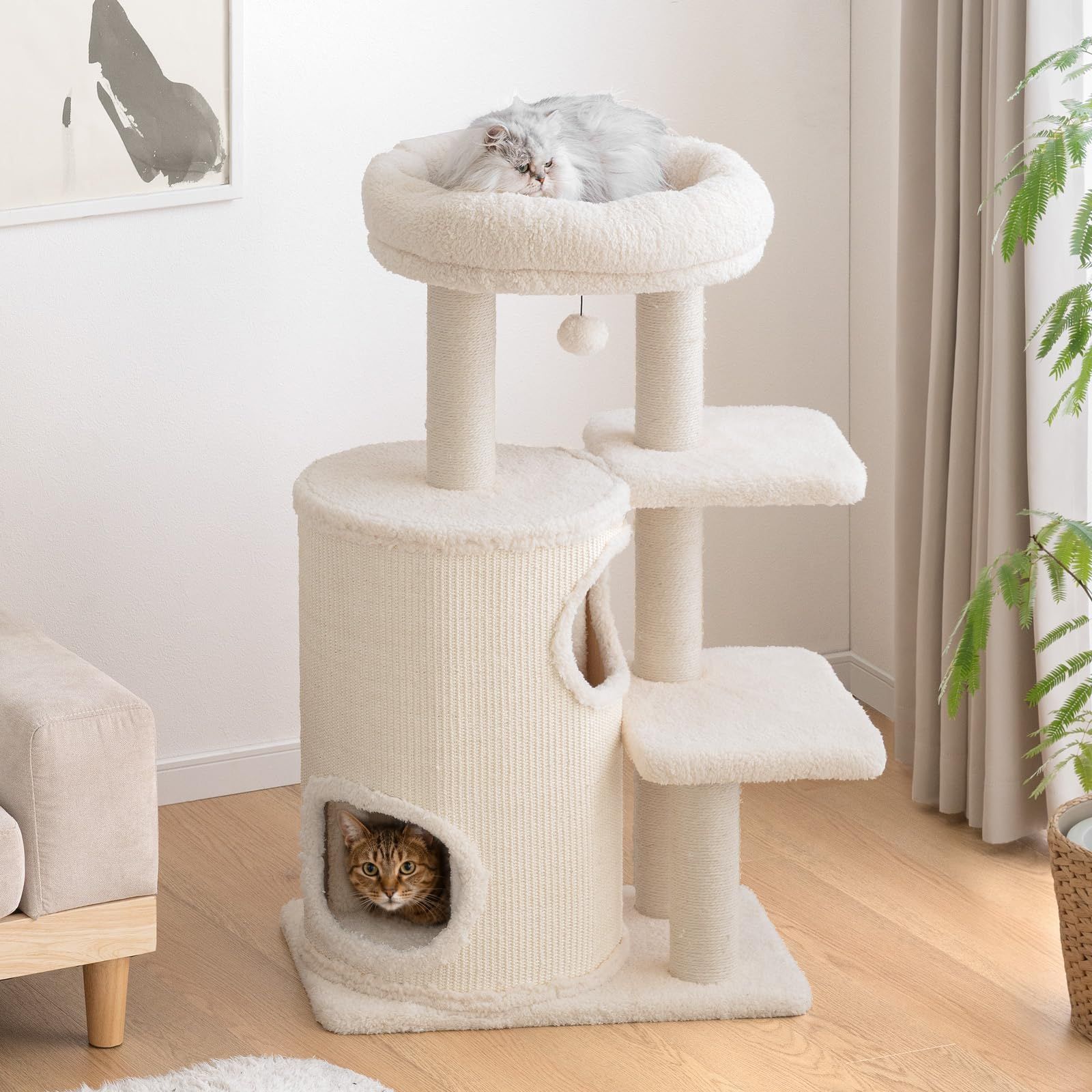 タンスのゲン キャットタワー 高さ98cm【もこふわワントーン！着脱式ハウス】スリム ミニ 低い 据え置き 爪とぎ 猫 シニア 多頭飼い 猫タワー 省スペース おしゃれ 92700003(113202)
