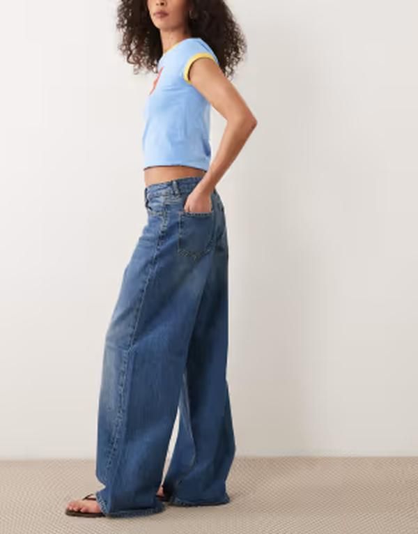 ジェイディーワイ レディース ボトムス デニムパンツ ワイドレッグ ジーンズ JDY Ruby mid waist wide leg jeans in faded mid blue denimid b