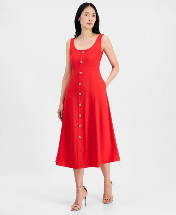 アンクライン レディース トップス ワンピース ミディ ノースリーブ Anne Klein Womens ButtonDetail Sleeveless Midi Dress Begonia Red
