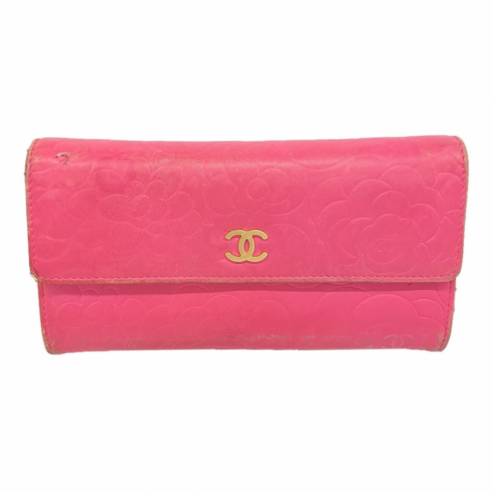 シャネル(Chanel) シャネル 長財布 カメリア ラムスキン ピンク シャンパンレディース