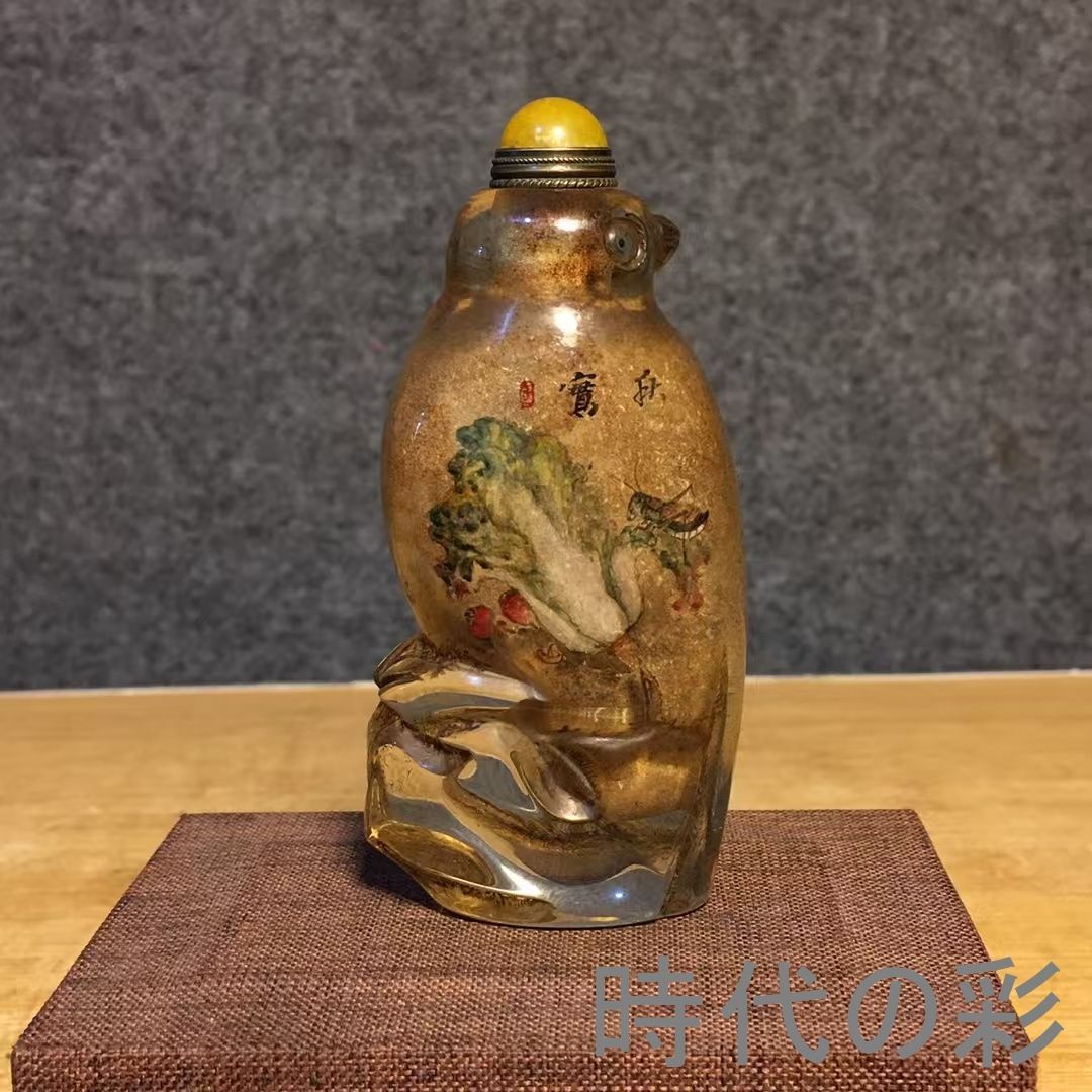 中国古美術・旧家蔵出・琉璃・内絵鼻煙壺・名家手絵「白菜図」・工芸品・骨董品・極細工・古美術・時代物・R08052604