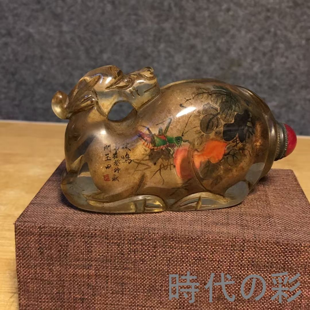 中国古美術・旧家蔵出・琉璃・内絵鼻煙壺・名家手絵「蟋蟀瓜果図」・工芸品・骨董品・極細工・古美術・時代物・R08052606