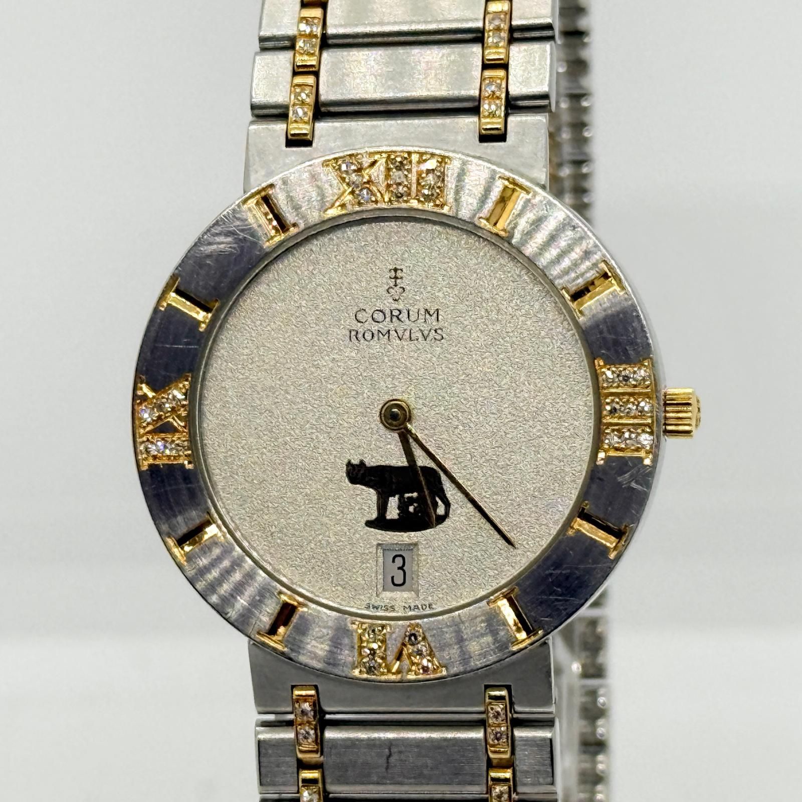 CORUM コルム ロムルス GP×SS 43 905 28V139 シルバー QZ ユニセックス コンビ ダイヤベゼル 腕時計 稼働品