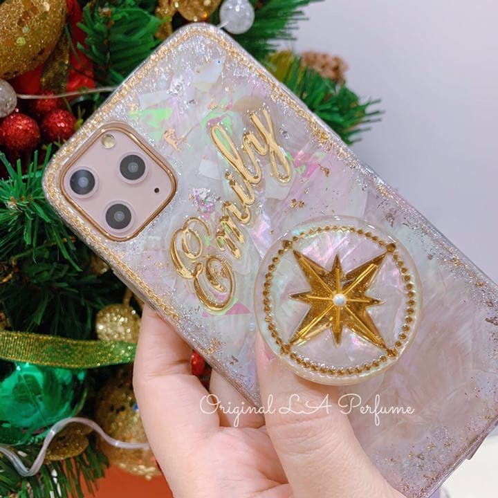 名入れ♡キラキラシェル ポップソケット付スマホケース オーダーメイド