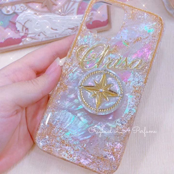 名入れ♡キラキラシェル ポップソケット付スマホケース オーダーメイド