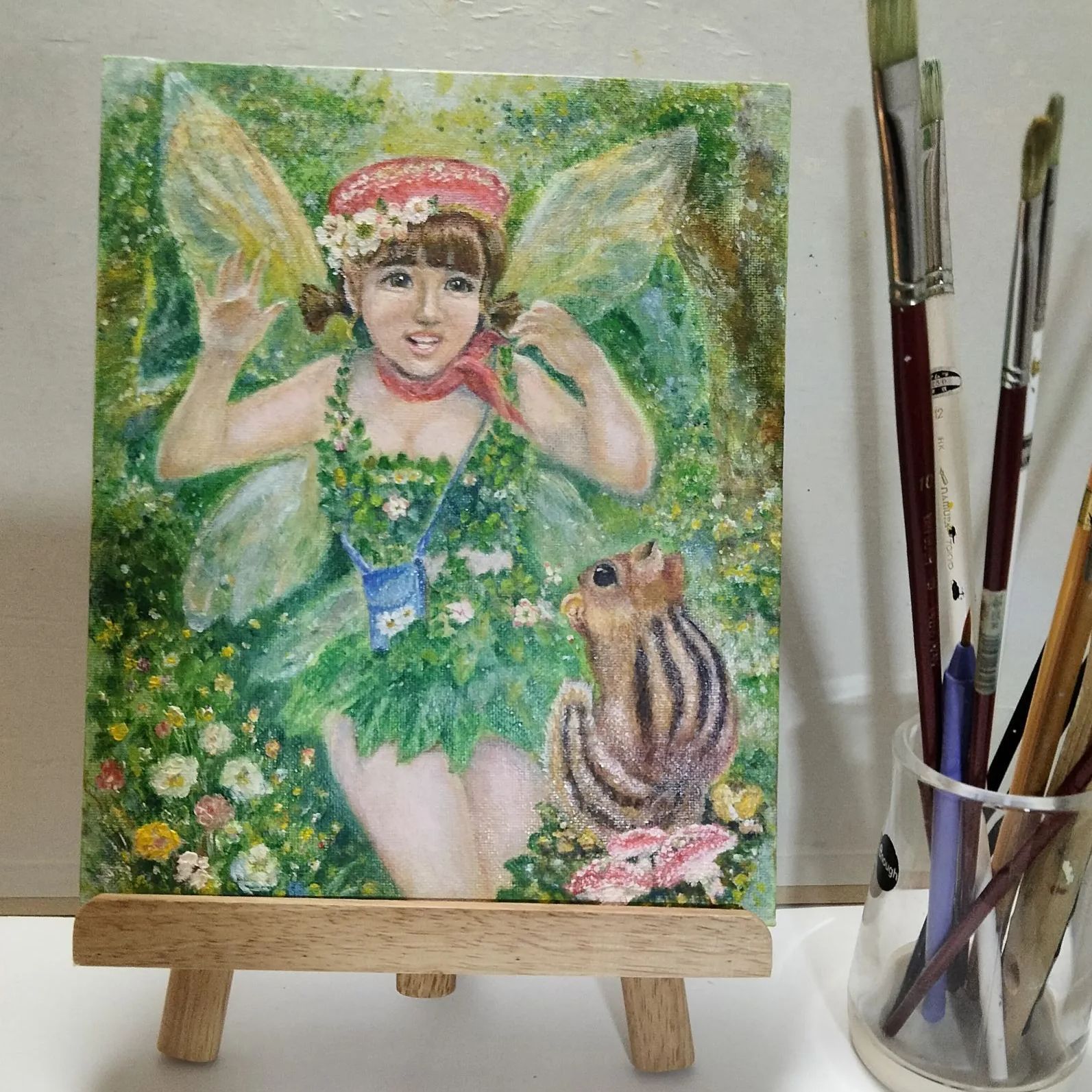 油彩画 「妖精とシマリス」キャンバスアート