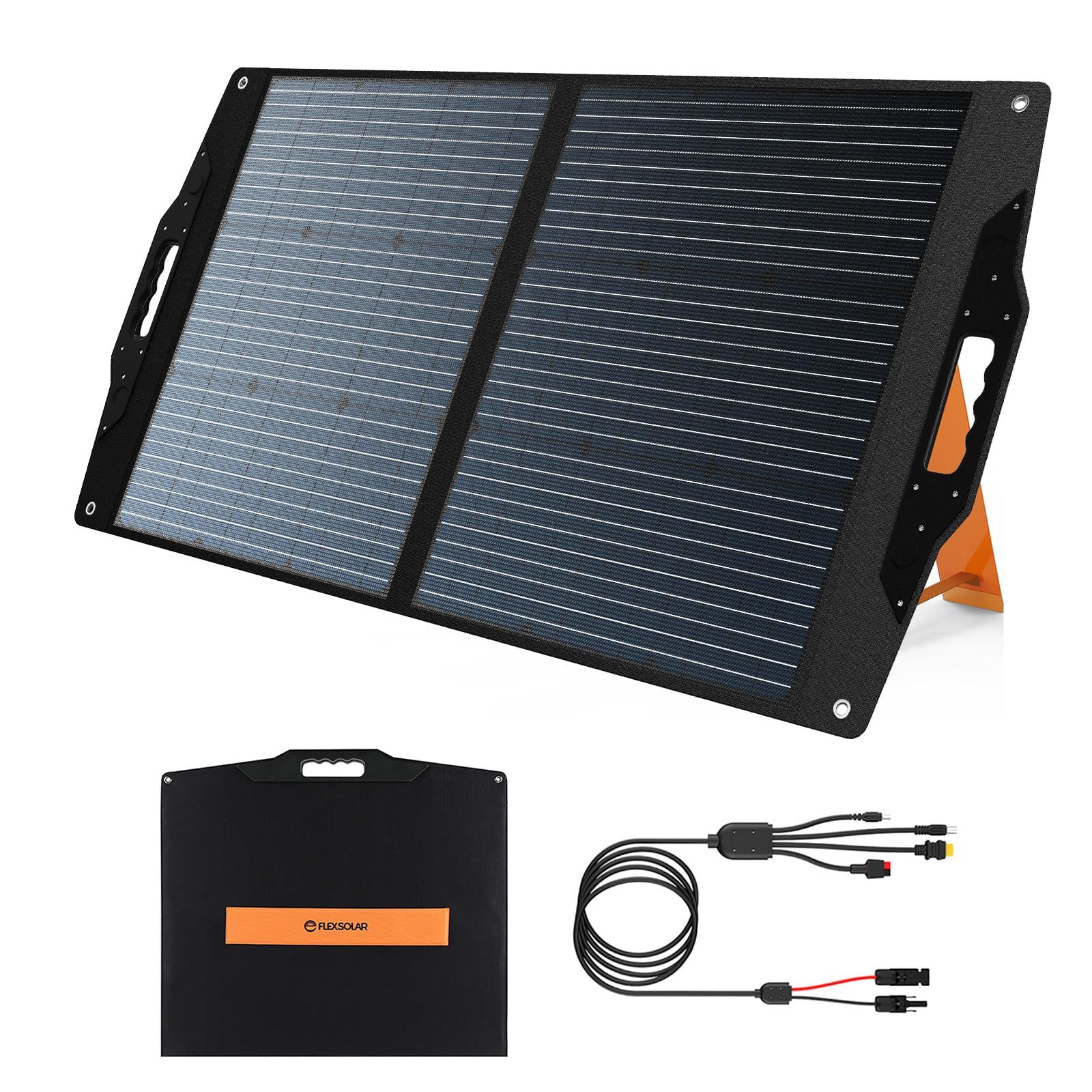 FlexSolar 100W ポータブル電源用ソーラーパネル、角度調節式スタンド付き折りたたみ式ソーラー充電器 QC3.0 USB-A/USB-C/M-C-4 出力対応、IP67 防水 キャンプ、RV、緊急時に適用、4-in-1 ケーブル付き送料無料