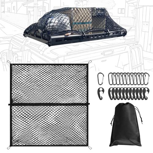 カーゴネット 100×120cm(最大200×240cm) ルーフキャリア ネット 200%伸縮率 ツーリングネット 取り付け簡単 トラック荷台 荷崩れ防止 ABS製フック×12 D型カラビナ×12 荷物固定 収納ポーチ 荷物 収納 ルーフラック 汎用(2as