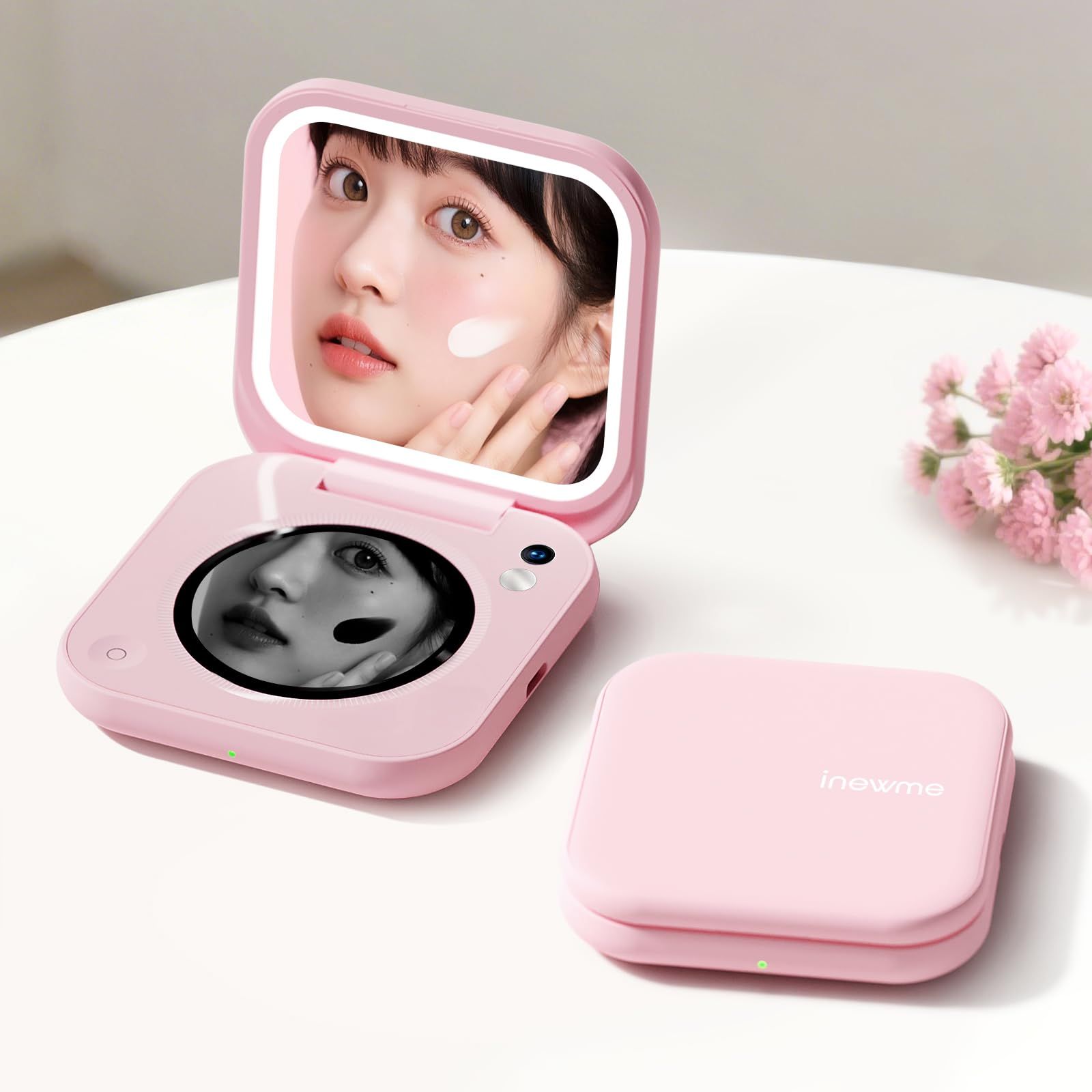 inewme UVチェッカー付き 女優ミラー 手鏡 USB充電式 LEDライト ３光色無段階調光 折りたたみ コンパクト メイク直し 化粧鏡 プレゼントに最適 持ち運び用送料無料