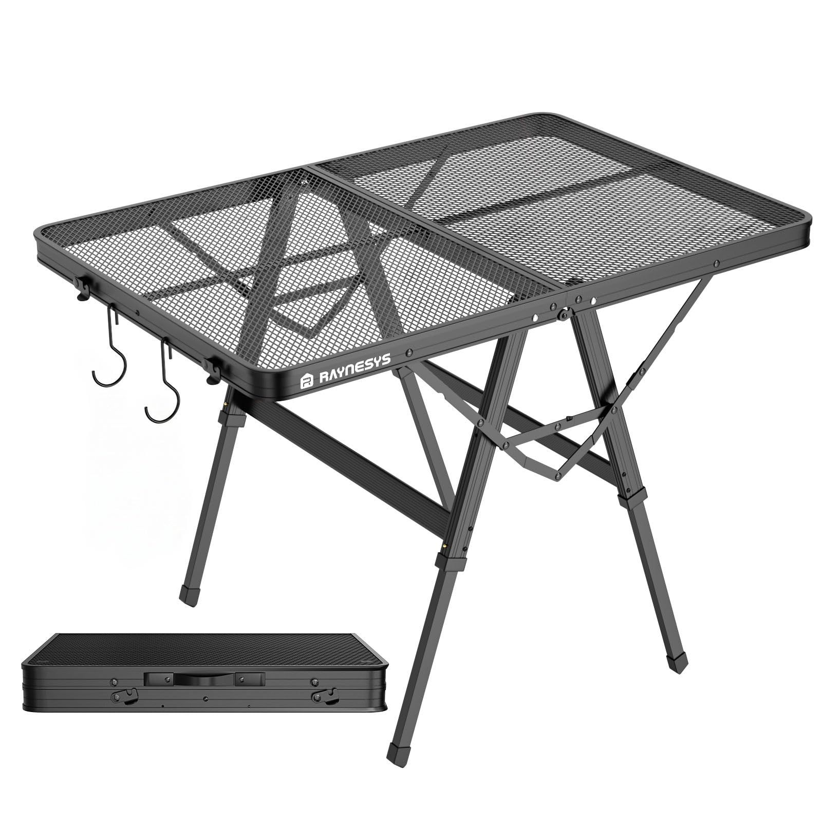 Raynesys キャンプテーブル 折りたたみ式 メッシュテーブル 耐荷重約90kg アウトドア調理用 3段高さ調節36cm/48cm/62cm 天板サイズ60x90cmコンパクト 設営簡単 耐熱コーティング アルミ合金製 防水 安定性 軽量約4kg 送料無料