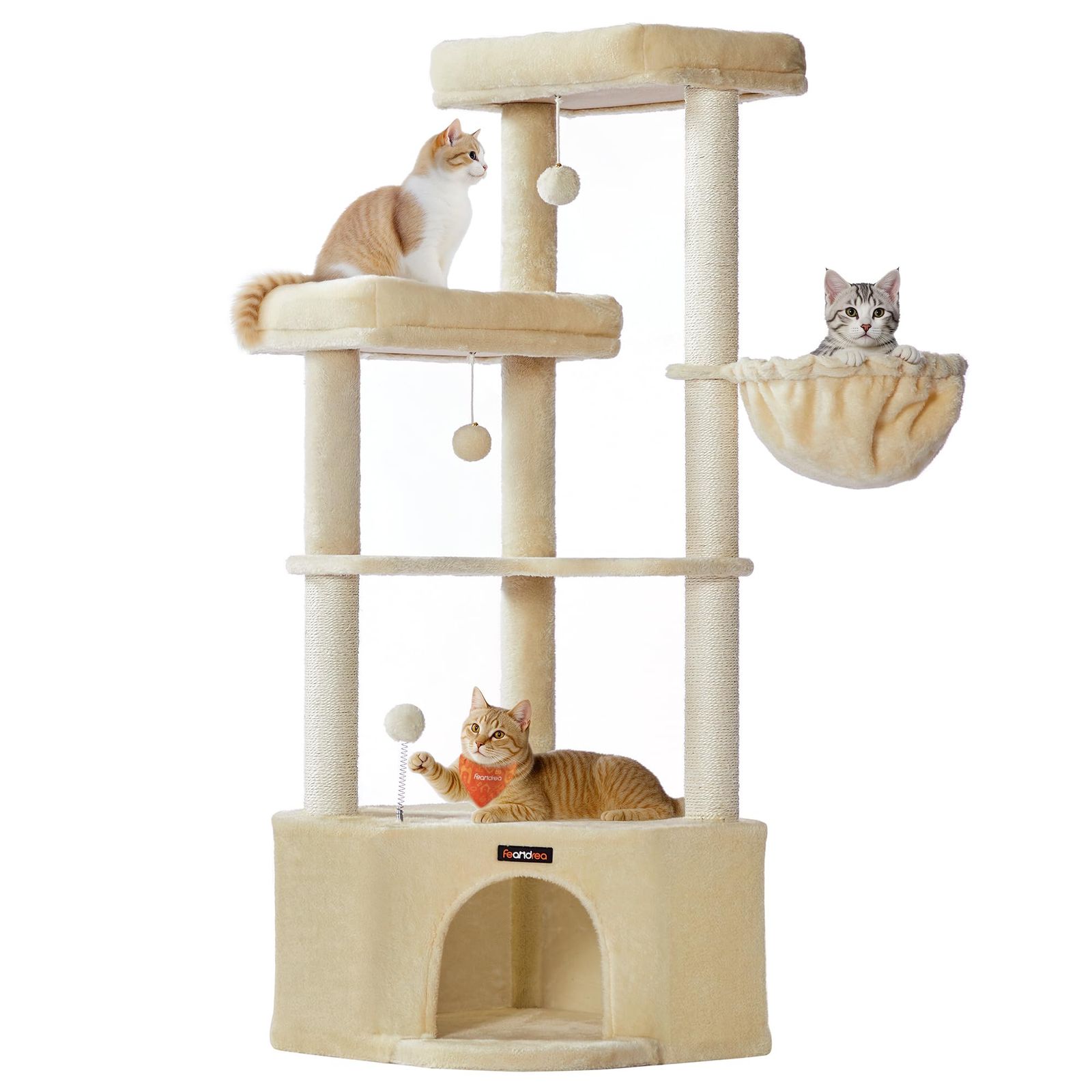 新品 Feandrea キャットタワー 猫タワー 大型ハウス付き 広い見晴台 大型猫 据え置き 登りやすい コーナー型キャットタワー 子猫から老猫・多頭飼い対応 天然麻紐 爪とぎ 運動不足解消 高さ140cm ベージュ PCT009Y01