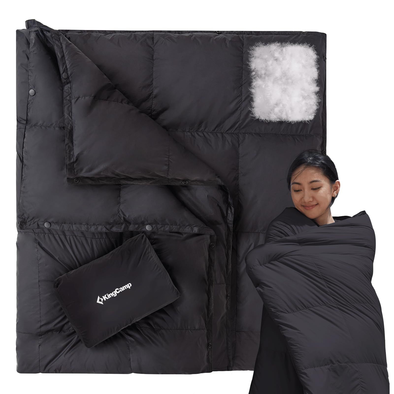 新品 【2026新登場】KingCamp ダウンブランケット 冬用 FP650 保温 軽量 コンパクト キャンプ 175×135cm ブランケット 膝掛け ダウンケット 連結可能 コンパクト 車中泊 室内 防災 登山 旅行 ブラック