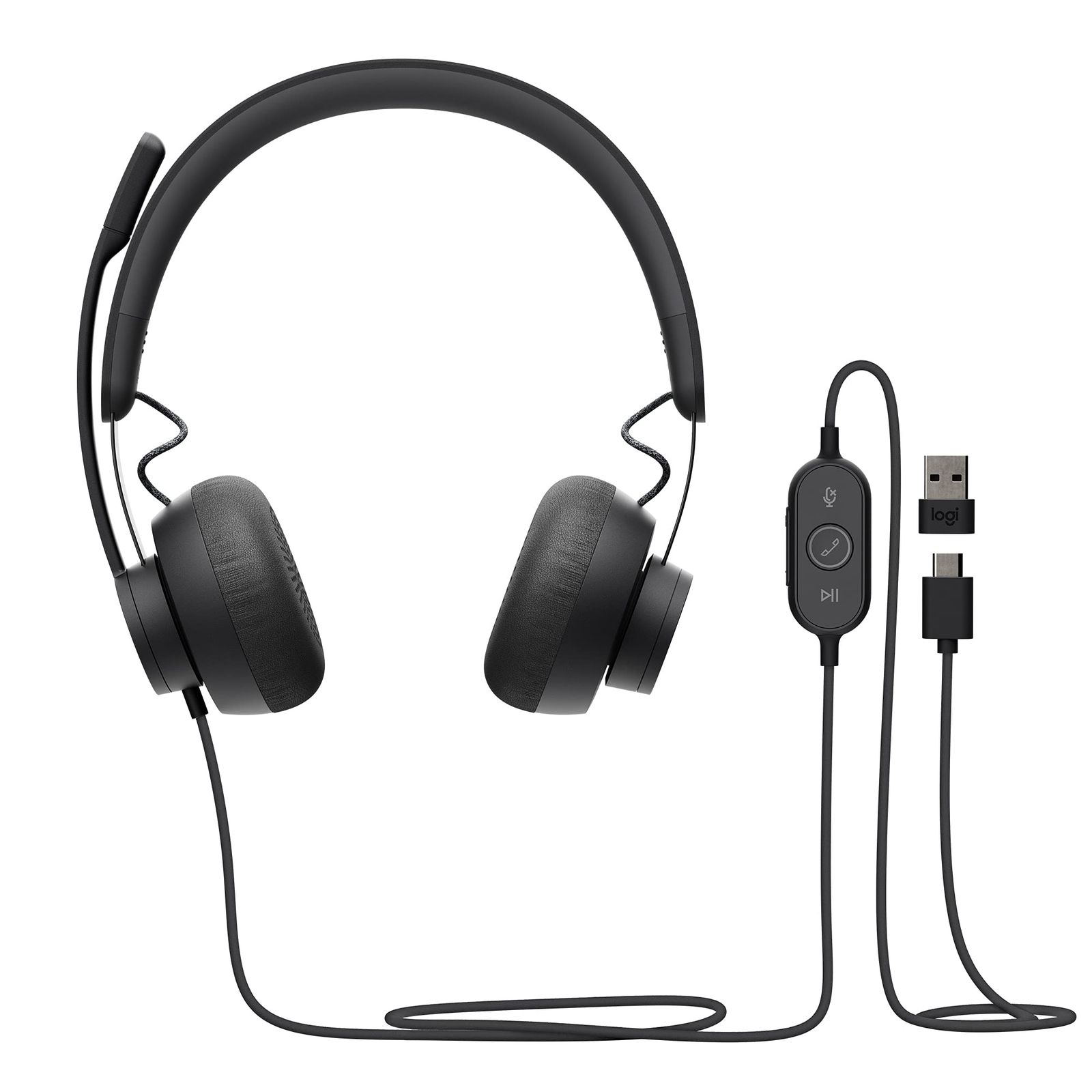 Logitech Zone 有線ノイズキャンセリングヘッドセット、オープンオフィス環境向けの高度なノイズキャンセリングマイク技術を持つマイクロソフトチーム認定、USB-Aアダプター付きUSB-C、グラファイト。