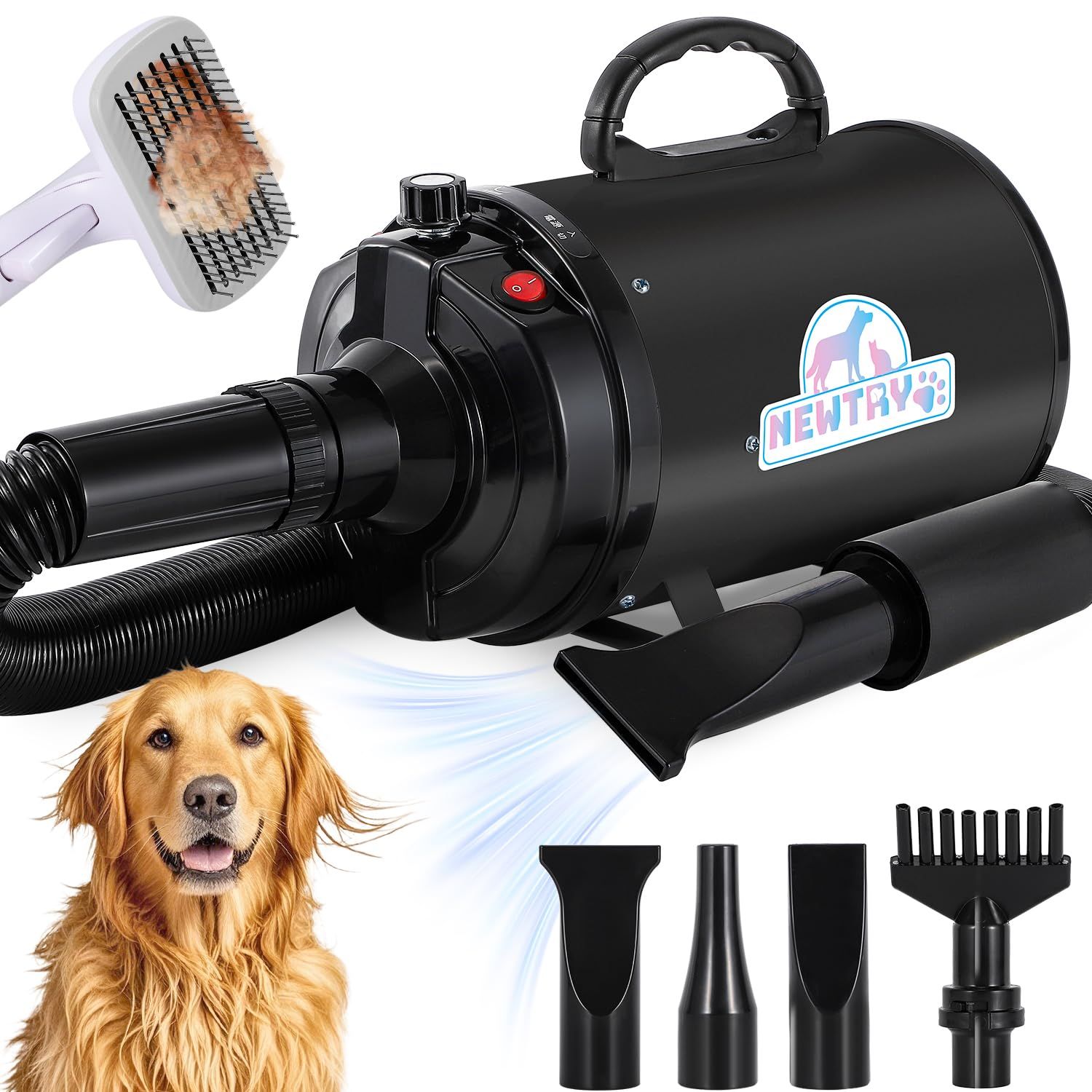 NEWTRY ペットドライヤー 犬用 ペット用 ドライヤー ブロワー 送風機 無段階速度制御 3つのノズル付き ブラシ付き 風速、温度調整可能 大風量 騒音低減 100V 50Hz/60Hz 650-1800W (黒)mt 81b7d28d